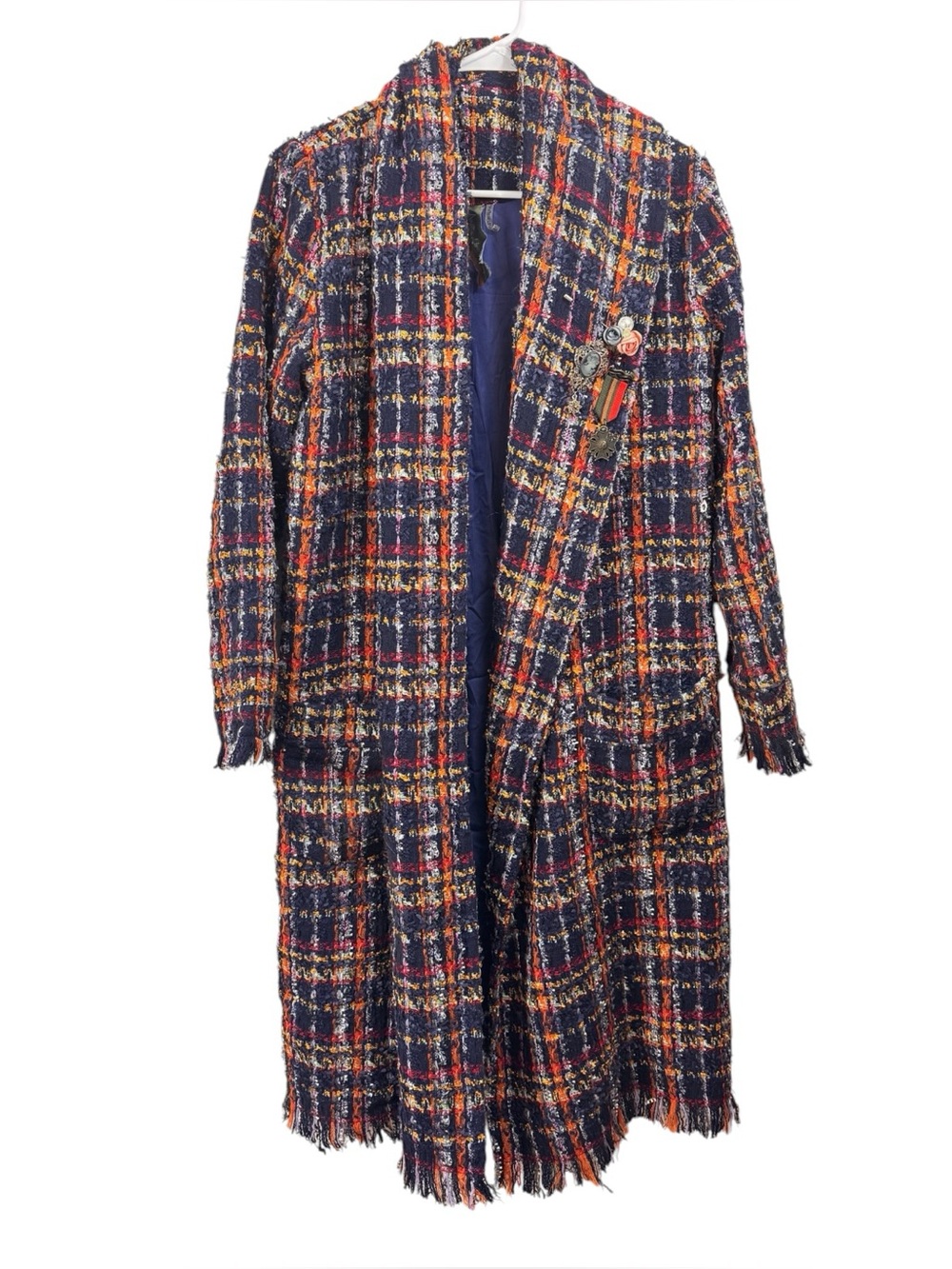 Aratta Silent Journey Size XS Blue Multicolor Tweed Coat Fringed Duster Brooches